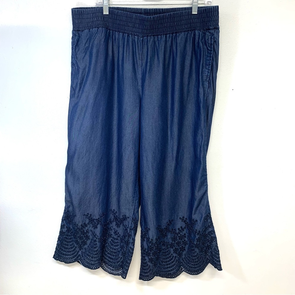 Mark Chambray Wide Leg Pants Woman XL  Blue‎ Embroidery Pull On Pockets Casual